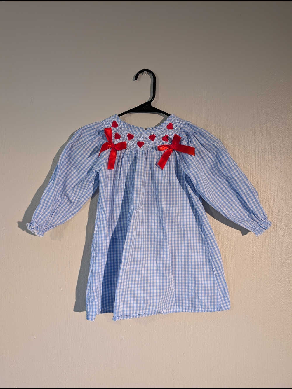 Girls' Blue Dress with Red Heart Smocking